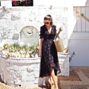 Zara Black Midi Wrap Dress with Red Floral Print